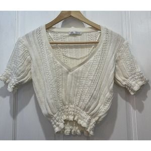 Zara Ivory Short Sleeve Crop Top Sweater Women’s Size Small
